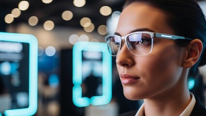 Focused businesswoman wearing modern glasses in a futuristic office environment