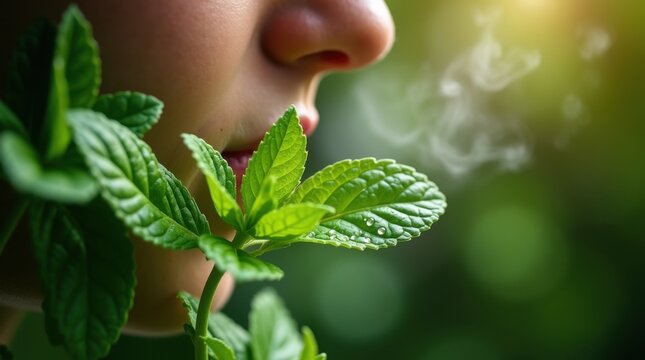 Nariz inhalando hojas de menta fresca 