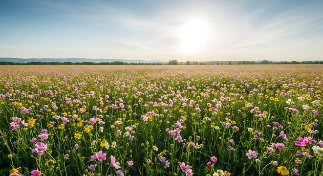Vibrant wildflowers in green field landscape.