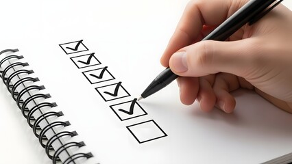 A hand is shown checking off multiple boxes on a spiral bound notepad page high quality