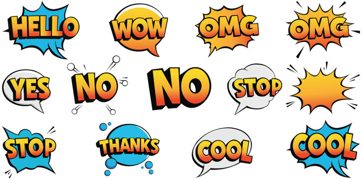 A colorful collection of comic book speech bubbles with various expressions
