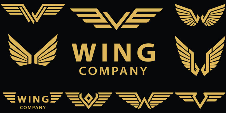 A collection of golden wing logos for a company on a black background