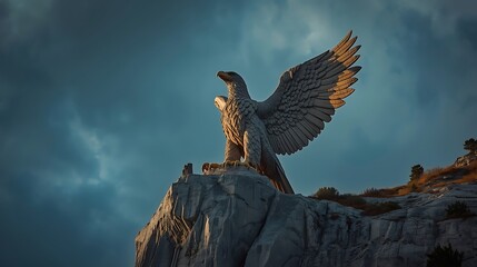 Majestic eagle spreads wings at sunset
