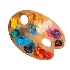 Fototapeta premium Artists wooden palette with colorful oil paints, Creative painting tools and vibrant pigments