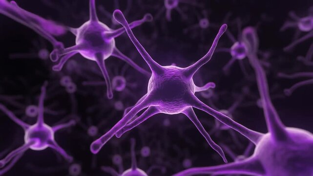 3D animation of purple neurons, illustrating neuroprotection and peptide science