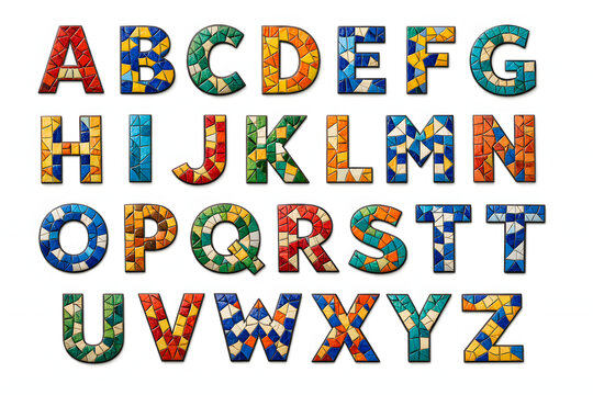 Alphabet Mosaic: A vibrant and colorful mosaic alphabet, each letter meticulously crafted with unique patterns and hues, inviting a sense of creativity and learning.