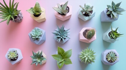 Assorted succulents and cacti in colorful geometric planters, arranged in a flat lay design on a pastel background.