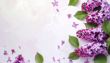 Overhead shot of purple lilacs and green leaves on a watercolor textured backdrop