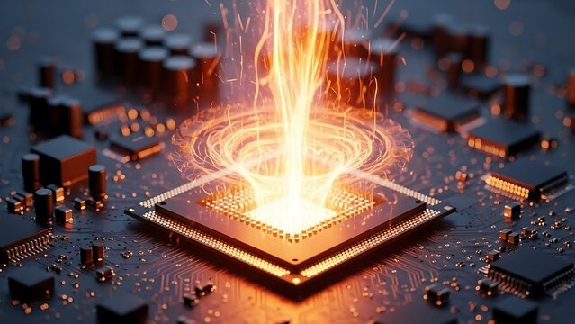 Powerful computer processor with intense fire and energy vortex, concept for high performance computing, overclocking and advanced AI technology.