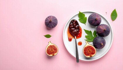 Vibrant image fresh figs, jam on spoon and plate, green leaves, pink background