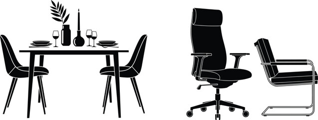 WebBlack silhouette furniture set featuring a decorated dining table with chairs, an ergonomic office chair, and a modern cantilever armchair, vector