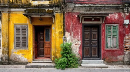 Facades of two aged tropical townhouses display contrasting weathered paint colors and architectural details