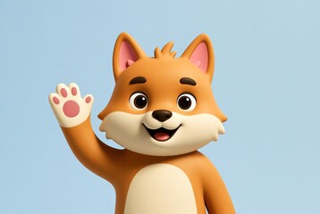 Obraz premium Cute 3D rendered cartoon fox character waving hello on a light blue background