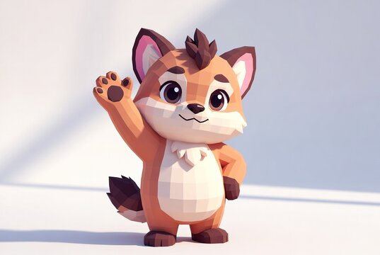 Cute low-poly fox character waving a friendly paw on a crisp white background