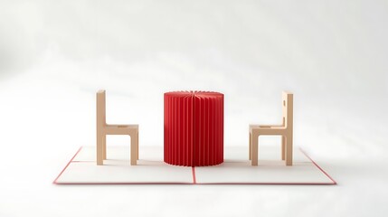 Minimalist dining setup with red cylinder