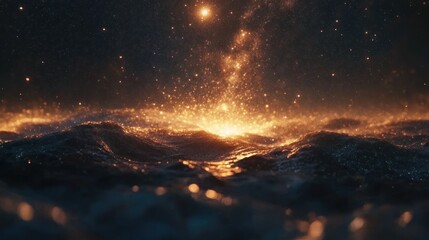 Celestial sunrise over a turbulent sea of sparkling stardust.