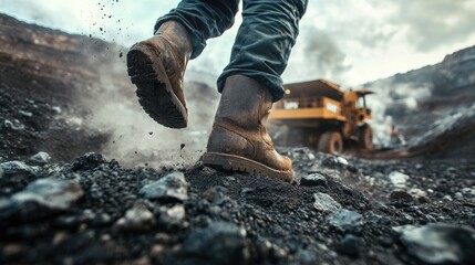 Close-up of worker's feet in work boots walking on a rocky mining site, with a large dump truck in the background.