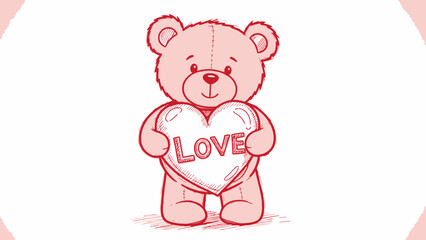 Fototapeta premium Cute pink teddy bear holding a heart with 'LOVE' written on it, hand-drawn sketch illustration, perfect for Valentine's Day or romantic themes.