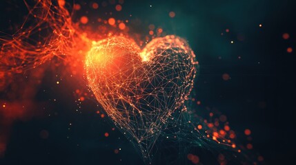 Abstract heart shape, digital network, glowing particles, fire effect.