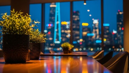 Night City Skyline View Through Restaurant Windows with Table and Plants for Luxury Urban Dining Experience