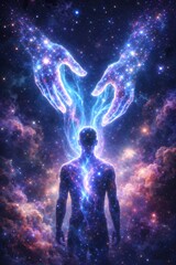 Spiritual enlightenment: Human silhouette as part of the starry sky and universe