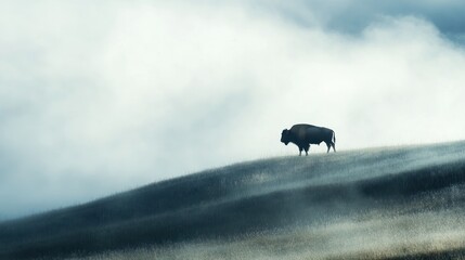 Majestic bison stands on a misty hill.