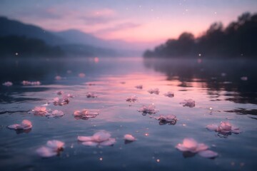 Meditative nature shot: Gentle waves with floating flowers in pastel-colored twilight