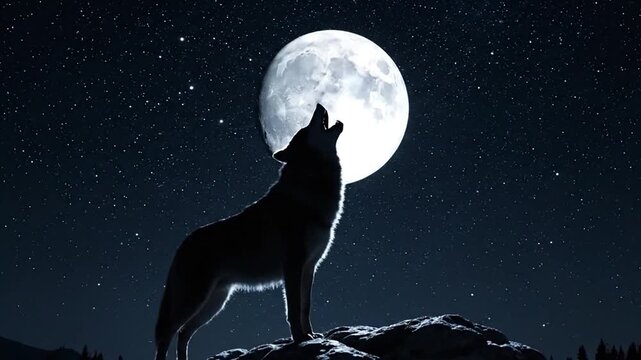 Wolf howls under full moon