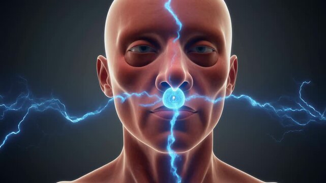 3D rendering of a human head with a glowing vomeronasal organ and electrical discharges