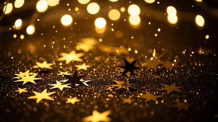 Golden star confetti on a dark shimmering background with soft bokeh lights, festive celebration and magical holiday party decoration.