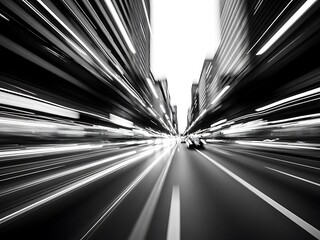Black and White Long Exposure City Street with Motion Blur and Light Trails, Fast-Paced Urban Life and Speed Concept through Skyscrapers
