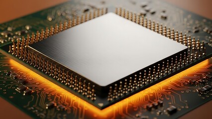 Close Up View of a Modern Semiconductor Microchip on a Motherboard with Warm Orange Glowing Light from Below, Concept for Hardware Design and Technology Innovation