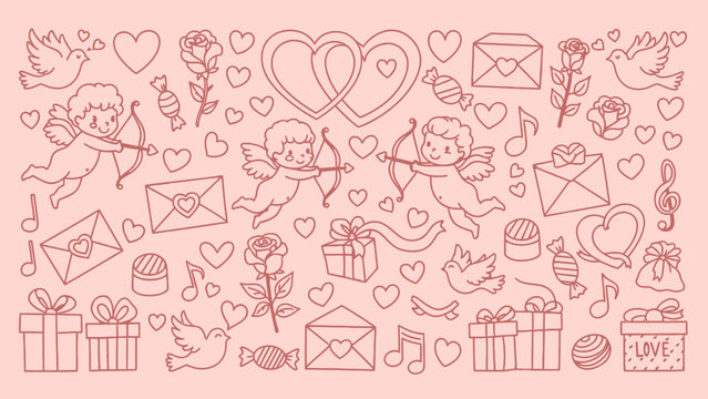 Valentine's Day icons and symbols in red on a pink background.