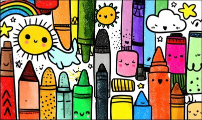 Colorful stationery items with kawaii faces