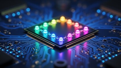 Advanced computer processor with vibrant RGB LED lights on a blue circuit board, conceptualizing gaming hardware, high-performance computing, and tech innovation.