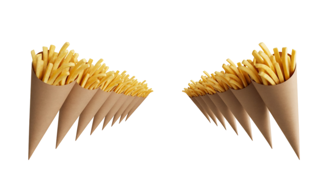 Two opposing rows of golden crispy delicious french fries served in simple brown paper cones, isolated on transparent background - Powered by Adobe