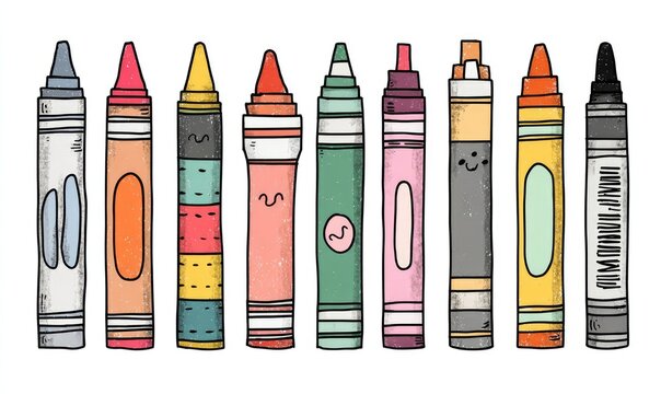 Colorful, cartoon crayons and markers