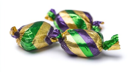 Three wrapped candies, gold, green, purple stripes