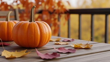 Two orange pumpkins and colorful fallen maple leaves on an outdoor wooden table during a sunny autumn afternoon