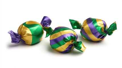Three wrapped hard candies, gold, green, purple striped wrappers
