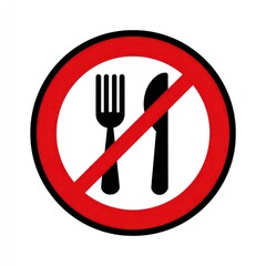 Red circle with a diagonal slash through a black fork and knife