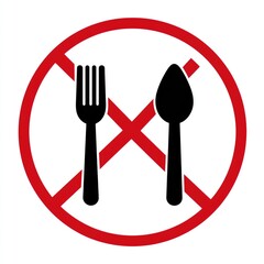Red circle with a diagonal red cross and black fork and spoon inside, signifying a no-eating or no-food zone