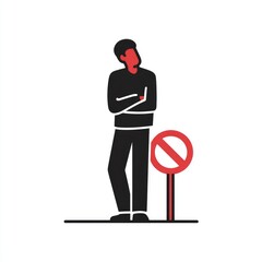 Man standing, arms crossed, near 'no' sign