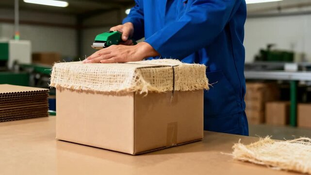 Medium shot of a worker sealing a device in a corrugated cardboard box lined with natural fiber biowrap highlighting green shipping practices.