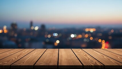 Empty wooden tabletop with blurred city lights at sunset background for product placement, mockups, and advertisement displays.