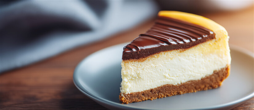 Slice of creamy cheesecake with glossy chocolate topping on plate in soft light. Classic bakery dessert, sweet treat for cafe menu, celebration, and food advertising.