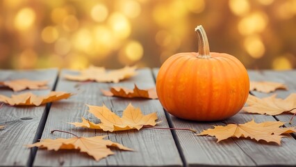Autumn pumpkin on a weathered wooden table with fallen maple leaves and warm blurry fall background for Thanksgiving and Halloween seasonal decoration.