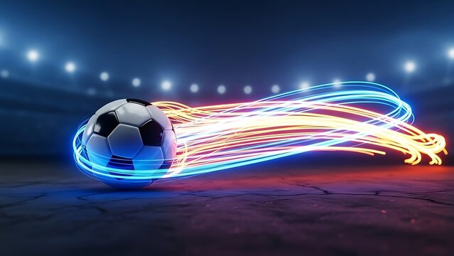 Soccer ball with dynamic neon light trails in motion on stadium ground background representing speed and high energy sports competition - Powered by Adobe