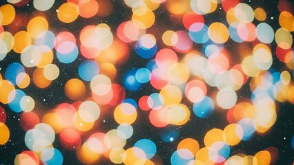 Colorful festive bokeh background with bright circles of light in red, blue, yellow, and orange, abstract shimmering backdrop for holiday celebrations.
