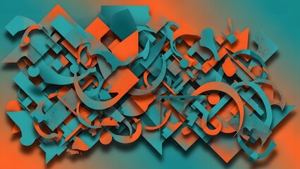 Abstract geometric composition with layered teal and orange shapes creating modern artistic depth